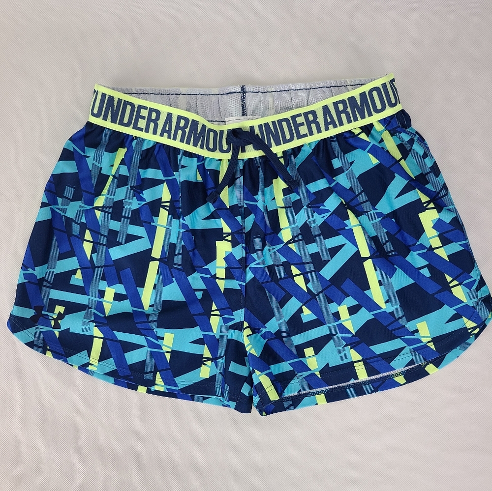Under Armour Girls' Blue Teal Neon Patterned Athletic Shorts